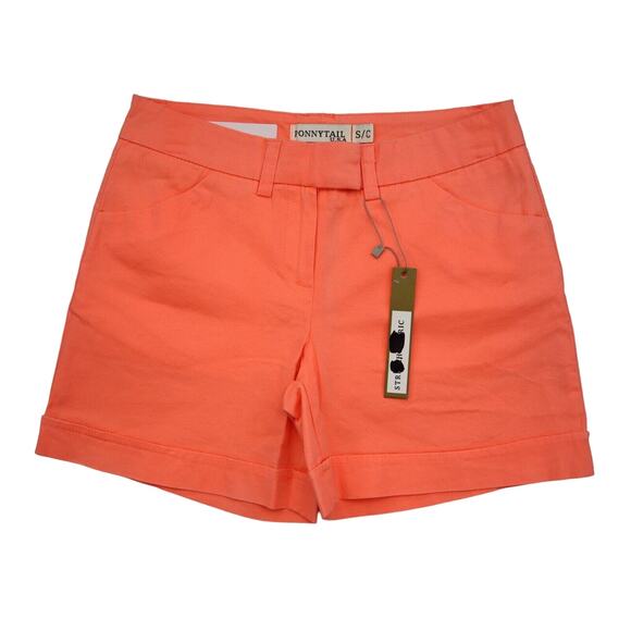 Ponny Tail Shorts Womens S Neon Orange Flat Front Mid Rise Slash Pockets Chino - Picture 1 of 16